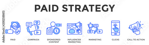 Paid Strategy  Banner Web  Icon Set Collection Pack Vector Illustration Concept Containing Paid, Campaign, Sponsored Content, Influencer Marketing, Marketing, Clicks, Call To Action