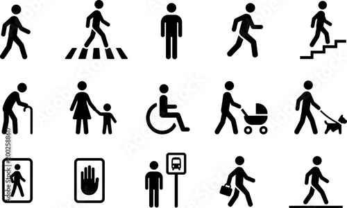 Pedestrian Silhouette Icon Set, Accessibility and Walking Signs, Modern Flat Vector Infographic Icons
