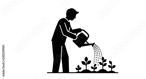 Black silhouette icon of a man watering garden plants with a watering can.