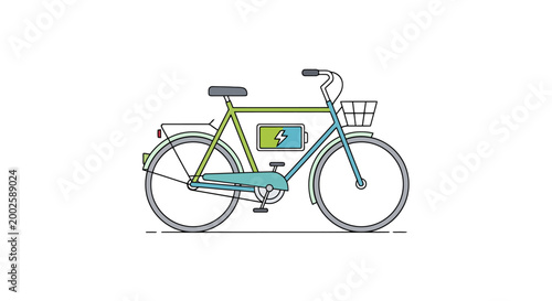 A green and blue bicycle with a battery indicator in the frame sits ready for transportation showcasing sustainable urban mobility and eco friendly travel solutions for a greener future