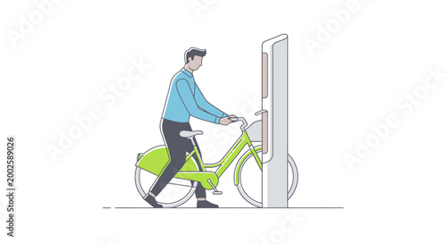 A person in a blue shirt prepares to ride a bright green bicycle next to a rack for urban transportation and commuting options for city dwellers