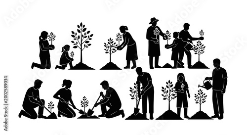 Black silhouettes of people planting trees and gardening activities.