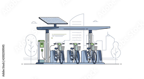 Urban mobility concept featuring electric bicycles charging at a sustainable solar powered station with city buildings and trees in the distance illustrating eco friendly transportation