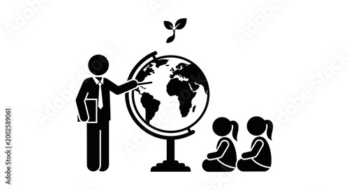 Teacher explaining global geography to young students in classroom.