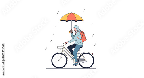 Person riding a bicycle under an umbrella during rainy weather holding onto the handlebars with a backpack on their shoulders enjoying the outdoor journey despite precipitation and overcast skies