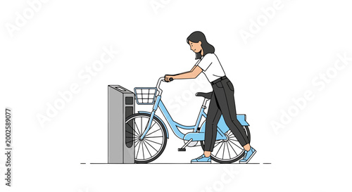 Young woman carefully parks light blue bicycle with front basket into a docking station for shared urban transportation representing eco friendly city travel and outdoor leisure activity