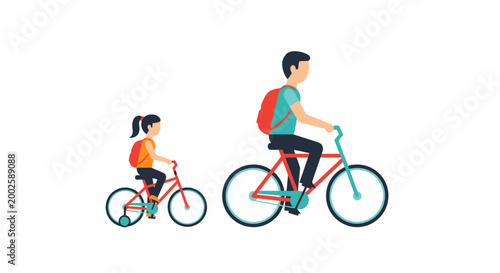 A father and daughter ride bicycles together enjoying outdoor activity and movement The person on the left is smaller with a childs bicycle and the person on the right is larger with an adults