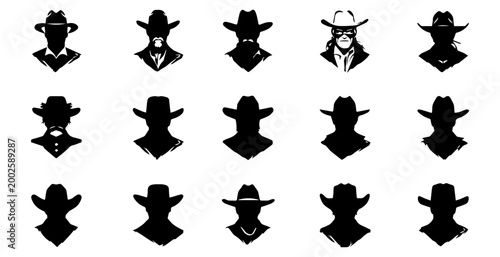Set of black cowboy hat silhouette icons