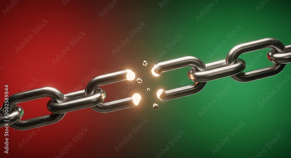 Fototapeta premium Breaking Chains with Glowing Tips on Red and Green Background