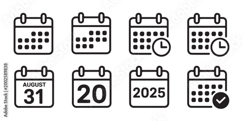 Collection of calendar icons showing dates month view and specific days for scheduling and planning purposes.