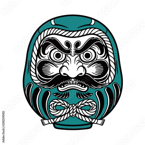 Traditional Japanese Daruma doll in teal and black, representing good luck and perseverance.