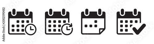 Calendar icons for scheduling time tracking event reminders and task completion on a transparent background.