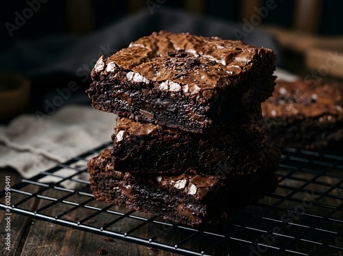 Stack of Fudgy Homemade Chocolate Brownies on Cooling Rack