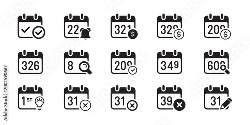 Variety of calendar icons with different icons like checkmarks, numbers, stars and search on transparent background.