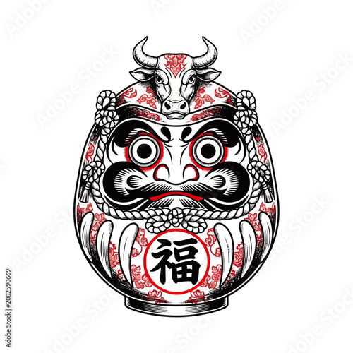 Traditional Japanese Daruma doll with an ox head, intricate patterns, and kanji for good fortune.