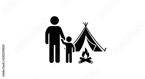 Black and white icon of a parent and child camping outdoors.