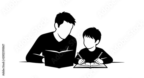 Father helping son with homework at desk black and white illustration.