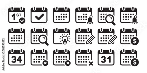 Multiple calendar icons featuring dates, checkmarks, stars, search, and other symbols for planning and business.