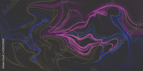 Abstract digital art featuring flowing magenta, blue, and gold lines on a dark background, creating a dynamic and fluid visual texture.
