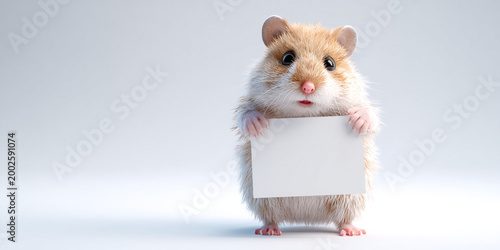 Cute hamster standing and holding blank sign, showcasing playful and adorable expression