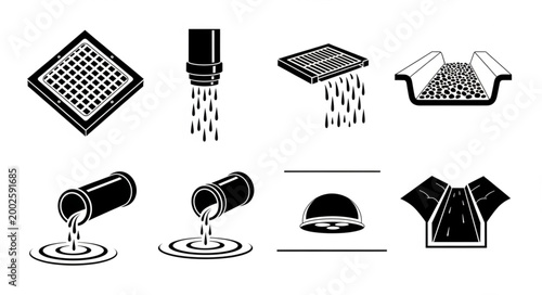 Set of icons representing water drainage and sewage systems.