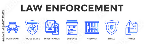 Law Enforcement  Banner Web  Icon Set Collection Pack Vector Illustration Concept Containing Police Car, Police Badge, Investigation, Evidence, Prisoner, Shield, Notice