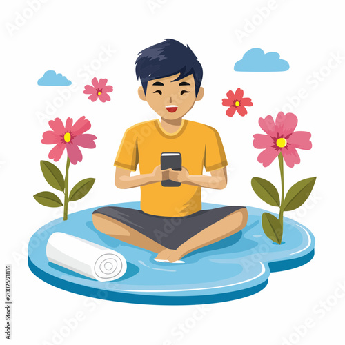 Man Meditating with Smartphone and Flowers