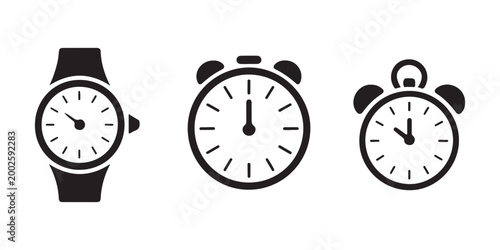 Set of three time-telling devices including a wristwatch, a classic alarm clock, and a stopwatch.