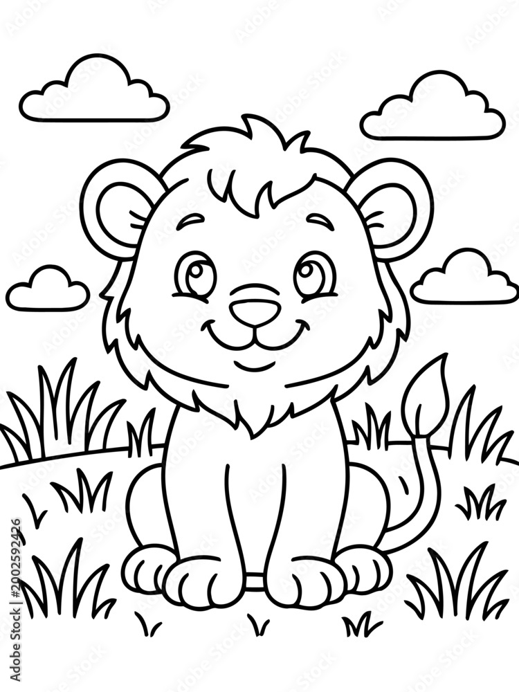 Obraz premium Lion cub in the Wild: A friendly, cartoon-style illustration of a lion cub, rendered in a line art style. The adorable cub sits in a grassy field under a cloudy sky. 