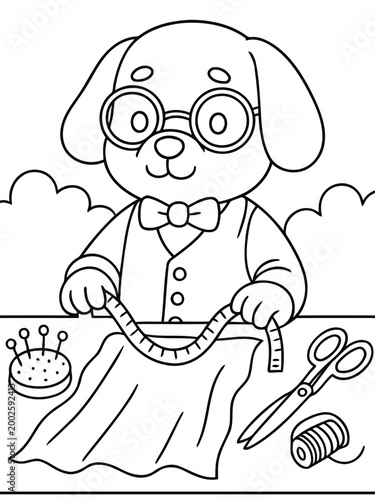 Tailor dog: A charming cartoon dog, wearing round glasses, meticulously measures fabric with a tape measure, highlighting the essence of craftsmanship and precision.