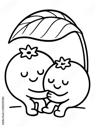 Sweet Berry Companions: Two endearing cartoon blueberries cuddle under a shared leaf, embodying togetherness, contentment and affection.