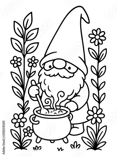 Gnome's Brew: An illustration showcases a jovial gnome, concocting a mystical brew in a cauldron surrounded by lush floral elements.