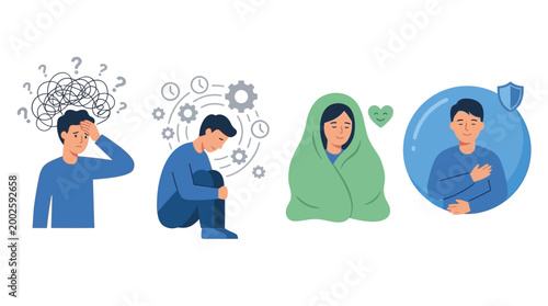 Illustrations depicting various aspects of mental health, from stress and anxiety to self-care and emotional well-being.