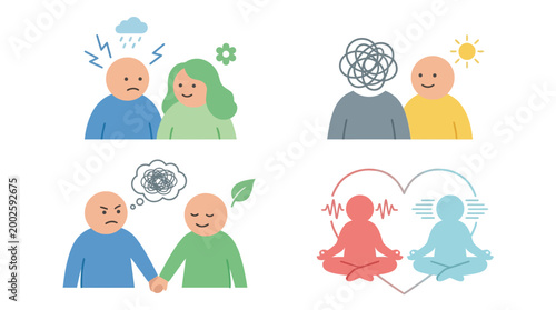 Illustrations depicting empathy, emotional support, and mental well-being in relationships, showing people helping each other through various emotional states.