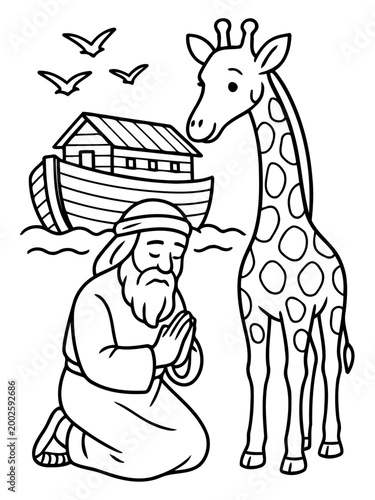 Noah's Ark and the Animals: A heartwarming illustration of Noah kneeling in prayer alongside a giraffe, with the ark in the background, set against a simple backdrop.