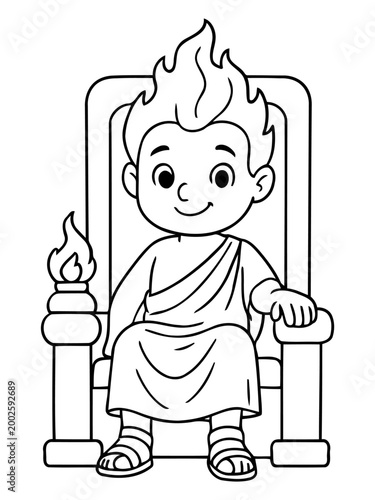 Little Ruler's Throne: A young cartoon emperor, crowned by a flame of intellect, sits regally on his throne, embodying authority and a spark of wisdom.
