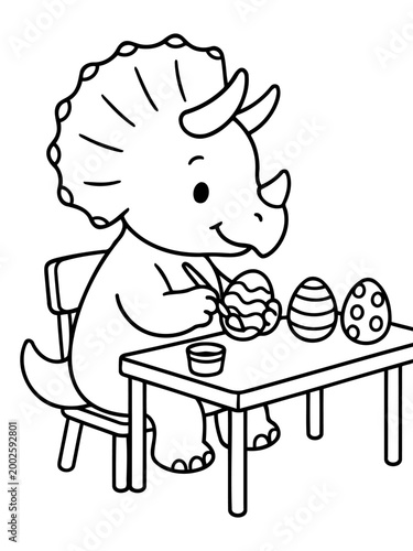 Dinosaur Easter Art: An adorable triceratops diligently paints intricate designs on colorful Easter eggs. A celebration of creativity and springtime joy.