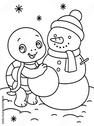 Winter Turtle's Delight: A charming illustration depicts a friendly turtle, joyfully building a snowman in a snowy winter scene.  Capturing the sweet innocence of winter fun and seasonal joy.