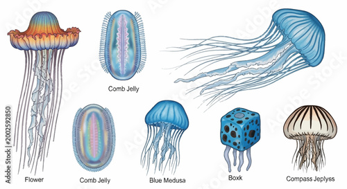 Tableau sur toile Seven Different Types of Jellyfish Species.
