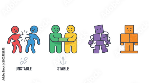 Illustrative icons depicting concepts of unstable and stable relationships and structures, showing figures in conflict, harmony, disarray, and solidity.