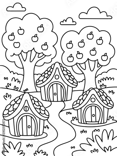 Whimsical Cottage Scene: Charming fairy-tale cottages nestled amidst lush trees, beckoning with paths leading towards a storybook setting. 