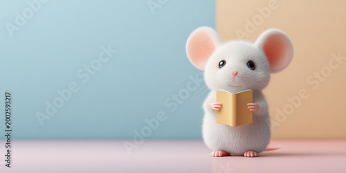 Cute mouse holding small book, showcasing innocence and curiosity in colorful setting