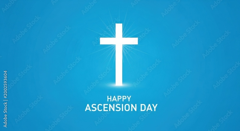 Fototapeta premium Happy Ascension Day greeting with glowing white cross, religious Christian holiday celebration on blue background, spiritual faith concept