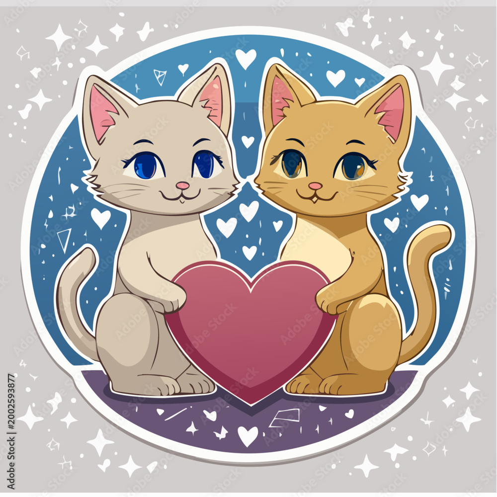 Fototapeta premium Two Cute Cartoon Cats Holding a Heart