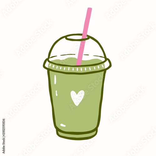 Iced matcha drink in plastic cup with straw