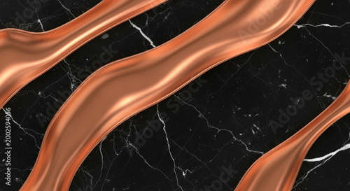 Luxurious abstract design featuring flowing metallic copper waves against a dark black marble background ideal for modern branding and elegant concepts