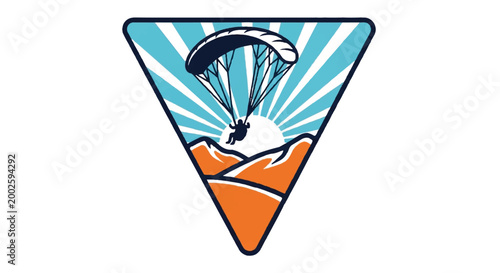 Paragliding silhouette above mountains with sunburst in vector design