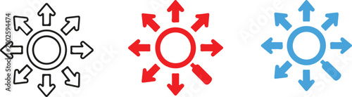 Circular arrows pointing outward icon set representing distribution expansion direction flow network system process vector illustration design concept symbol