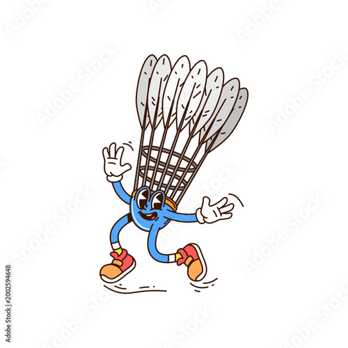Cartoon groovy badminton shuttlecock sport hippie character, vector funny emoji. Groovy badminton shuttlecock character with silly smile on funky face in happy good vibes and Y2K hipster shoes