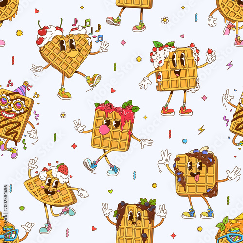 Photos Cartoon groovy belgian waffle characters seamless pattern
